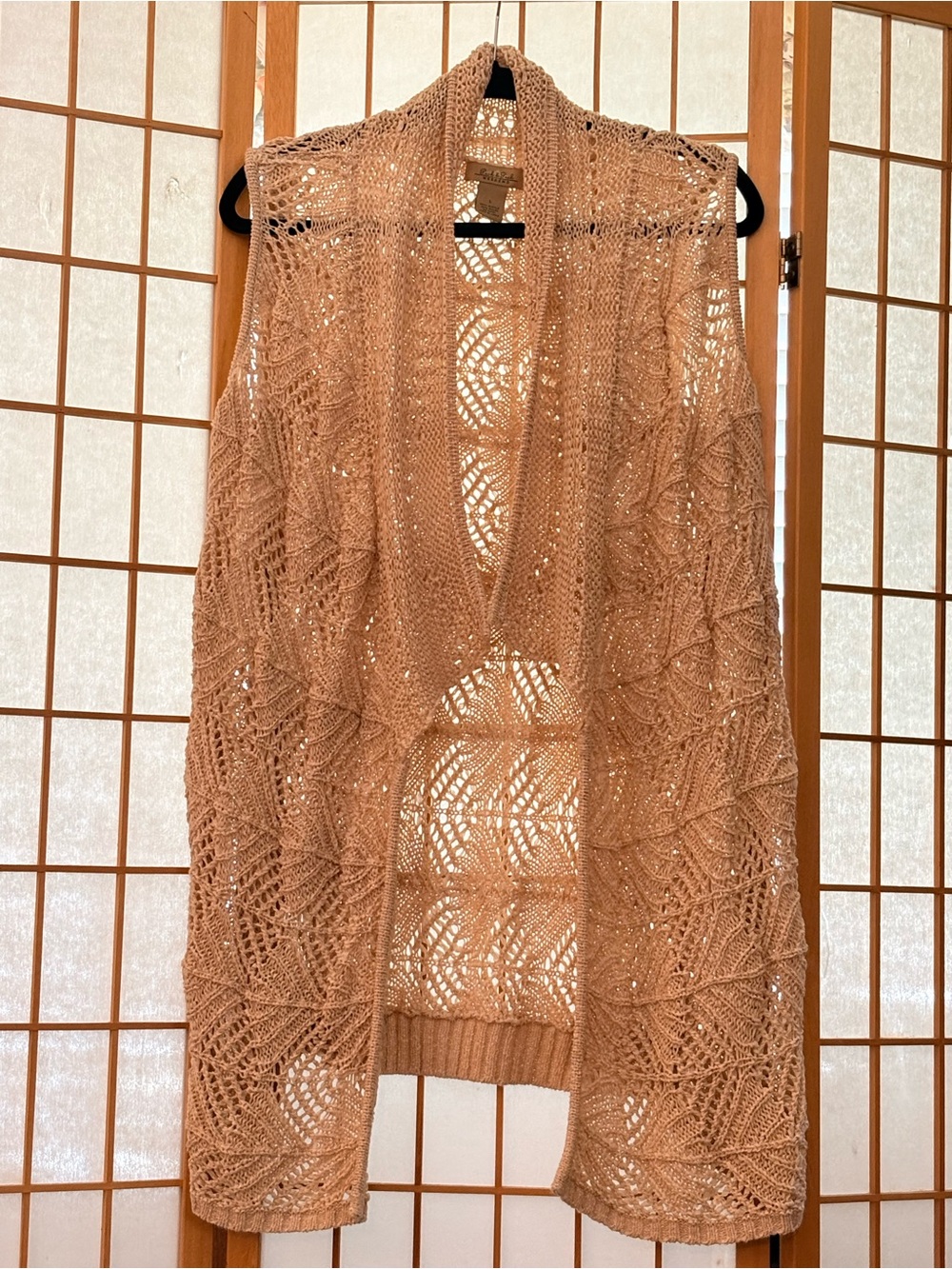 Peck & Peck Crochet Open-Front Sweater Vest Tan Large